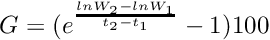 \[ G = ( e^{ \frac{ ln W_2 - ln W_1 }{ t_2 - t_1 } } -1 ) 100 \]